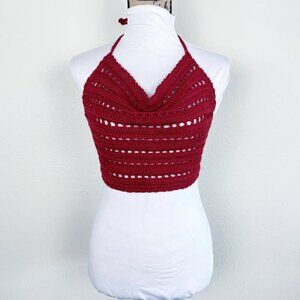 Hand Crafted Dark Red Crochet Halter Top | Open Back Handmade Festival Piece